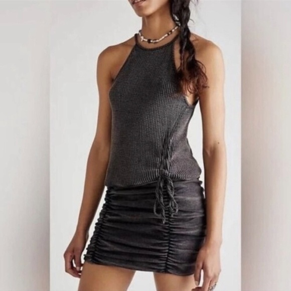 Free People FP One Charcoal Gray Katya Bodycon Ruched Thermal Ribbed Dress M - Picture 4 of 16